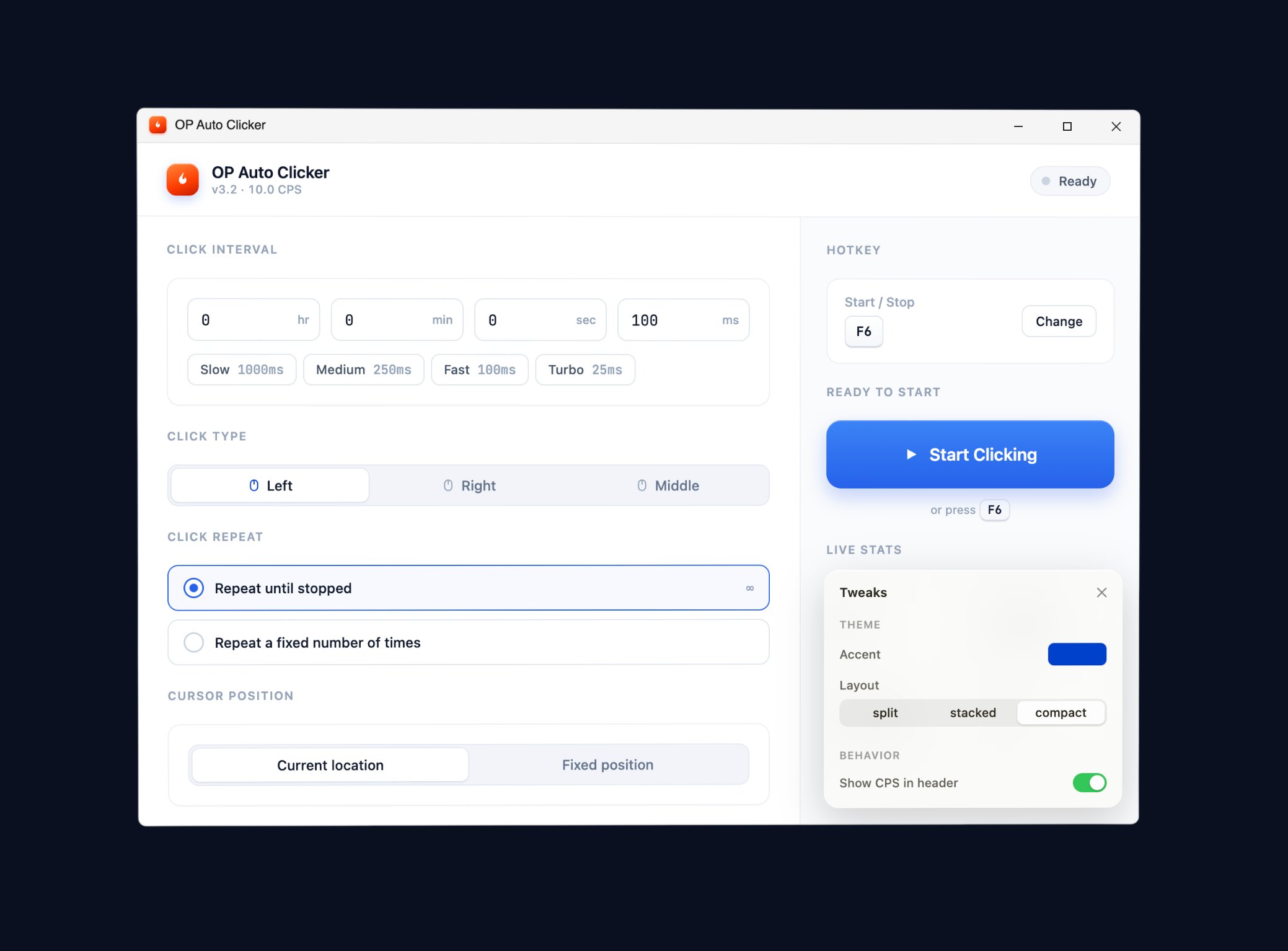 OP Auto Clicker app interface — custom click interval, mouse button selector, hotkey configuration, and start/stop controls